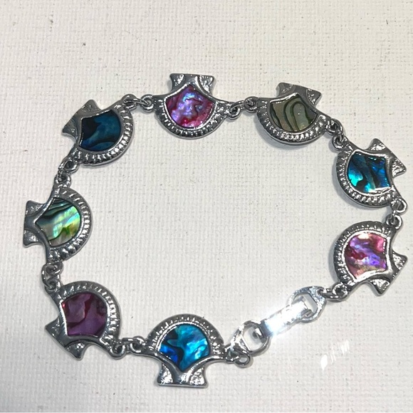 Abalone Shell Link Bracelet Silver Tone Colorful Iridescent Jewelry - Picture 1 of 4